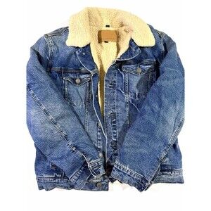 American Eagle Men's Blue Beige Sherpa Lined Button Jean Jacket Pockets Size L